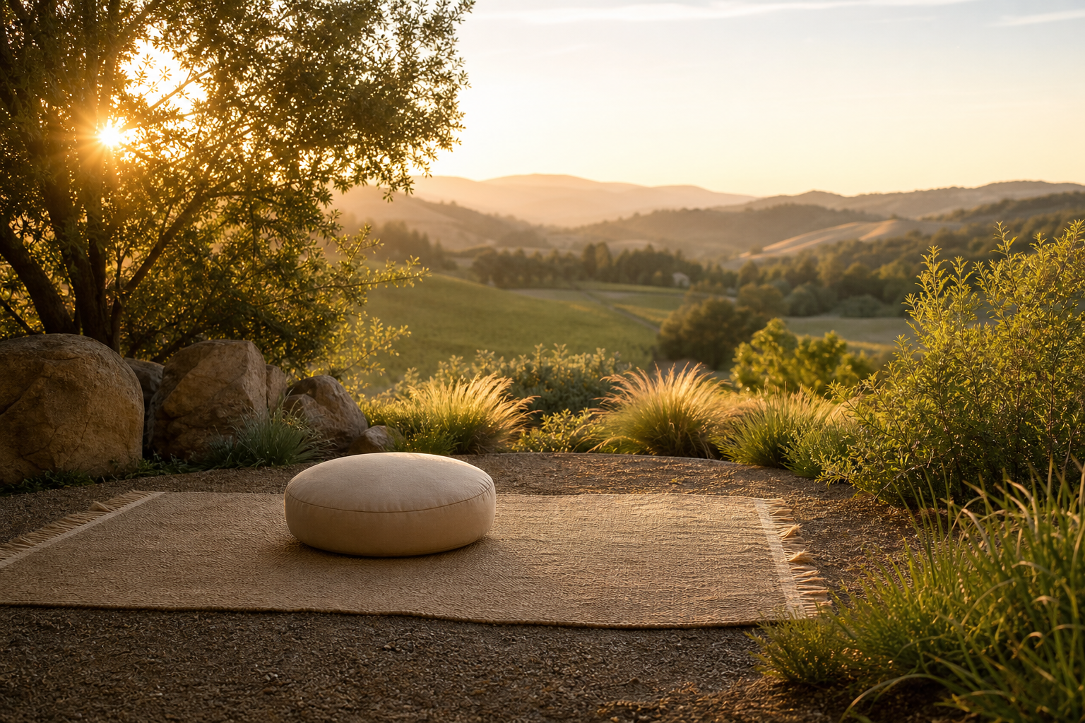 A peaceful meditation cushion overlooking sunlit hills and trees