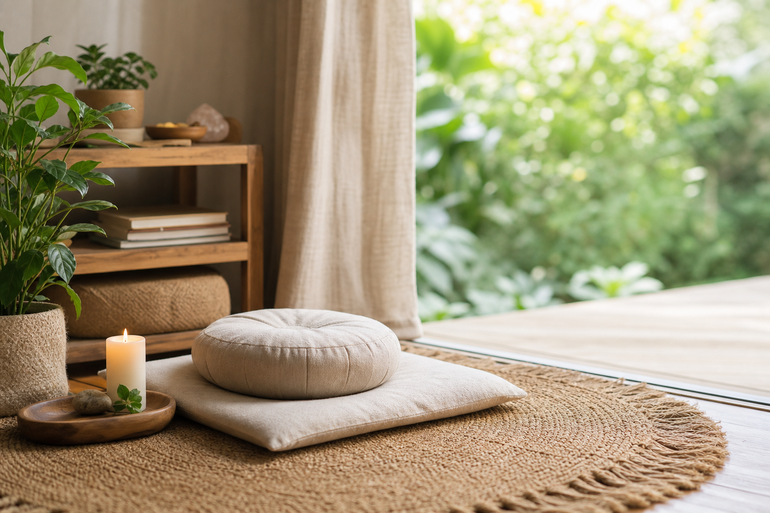 A calm meditation space with cushions, candlelight, and greenery