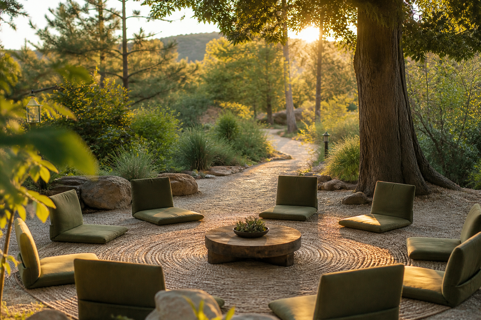 A peaceful outdoor retreat gathering circle beneath trees